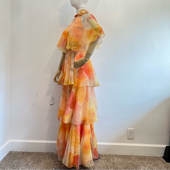 πHPπ Vintage Miss Elliette California Floral Chiffon Layered Caplet Maxi Dress - Picture 7 of 16